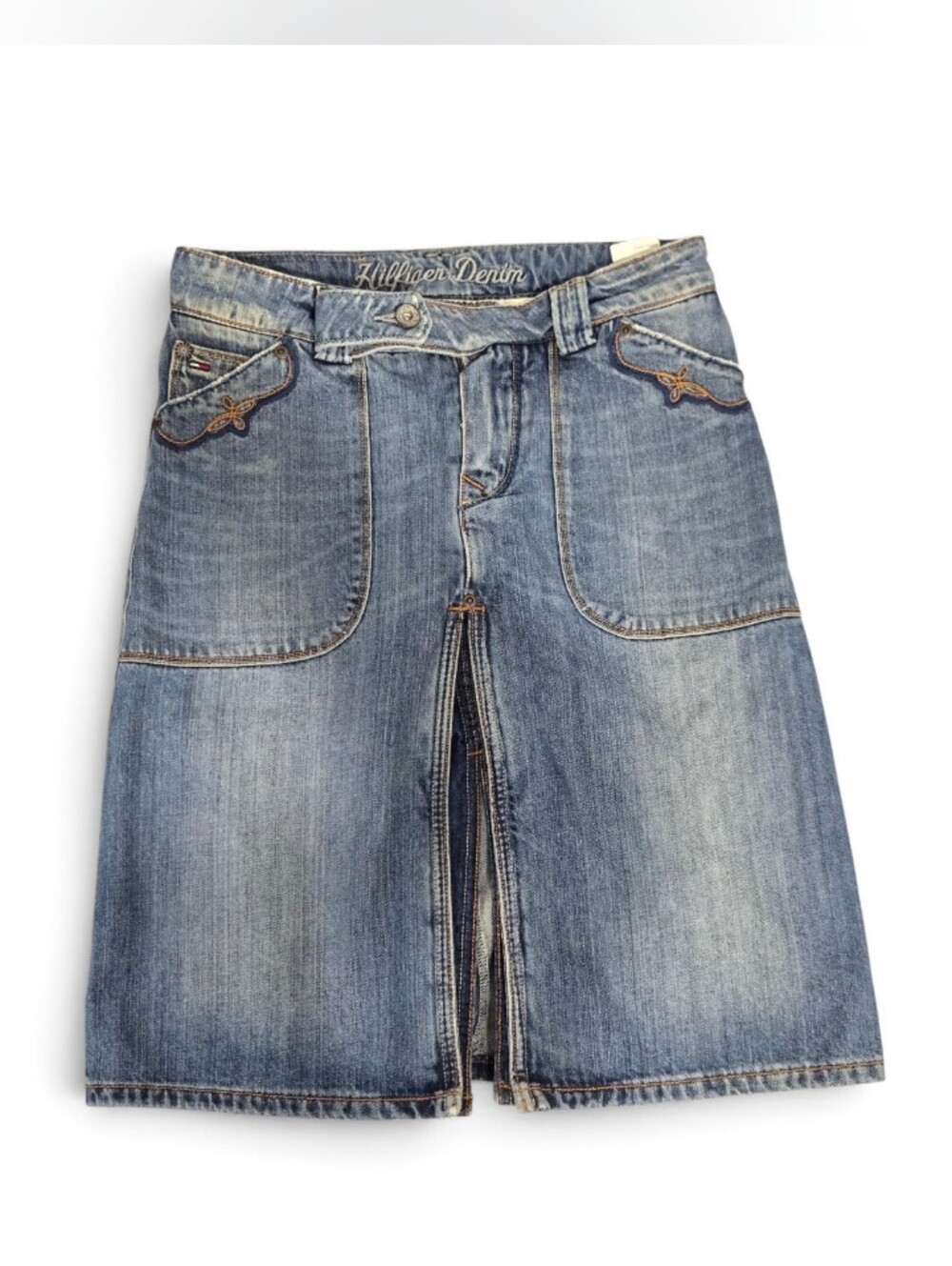 Vintage Y2K Tommy Hilfiger Denim Skirt Blue Embroidered Pockets 90s Size XS